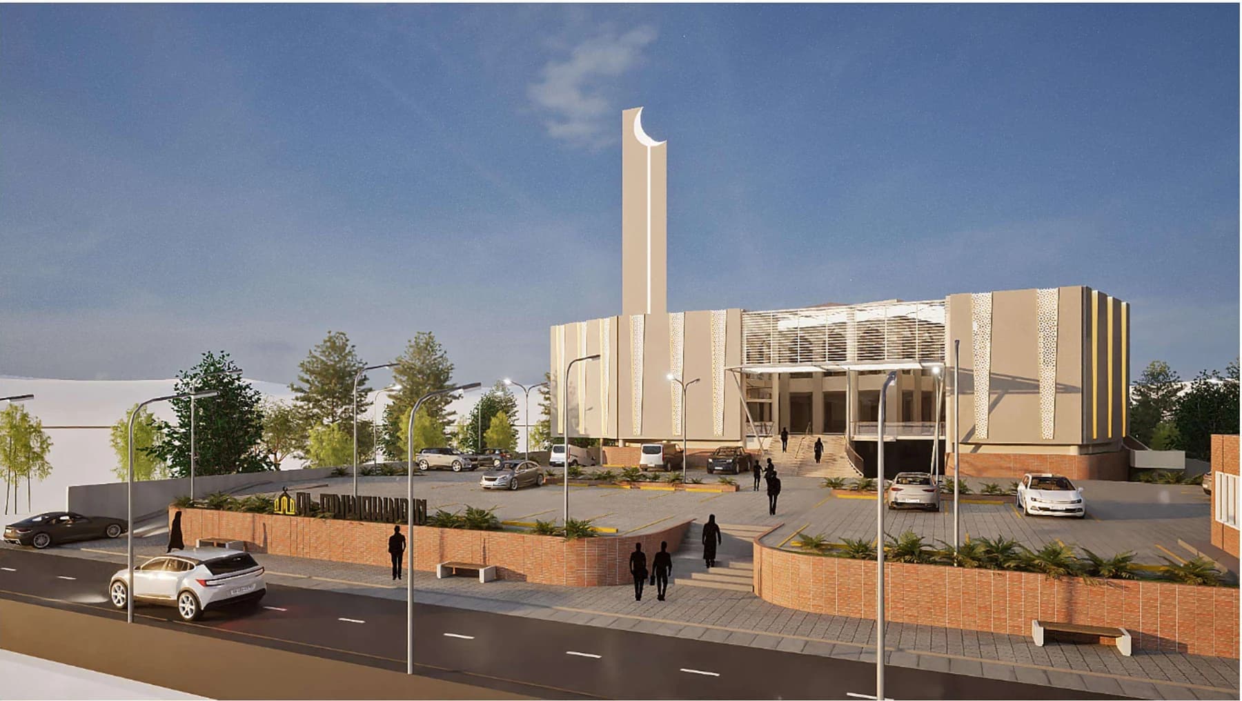Visual konsep eksterior Masjid Al-Muwahhidin dengan menara dan halaman parkir